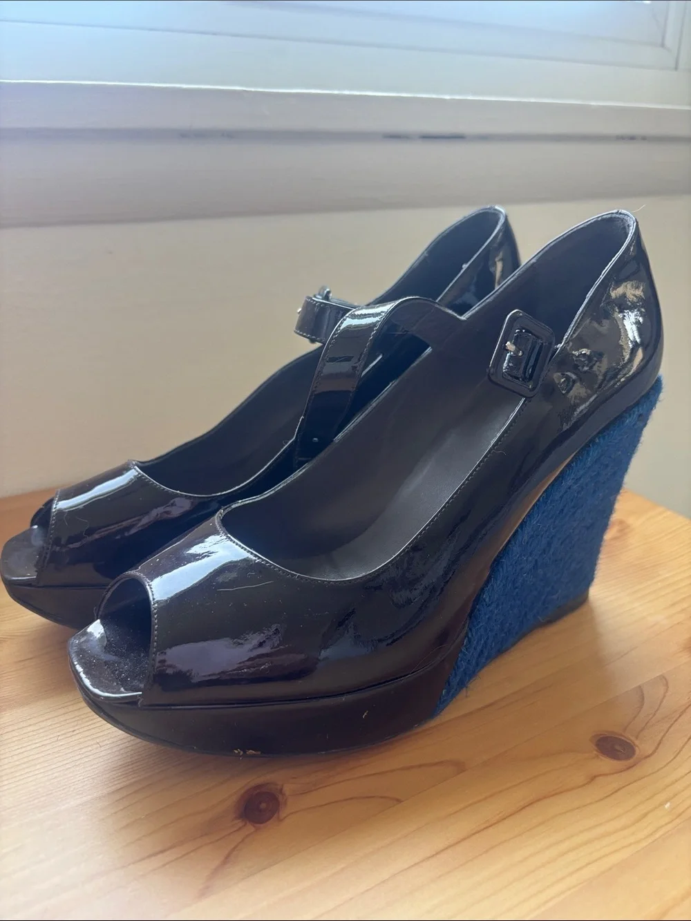 Patent Peep-Toe Wedge Pumps in Black and Blue